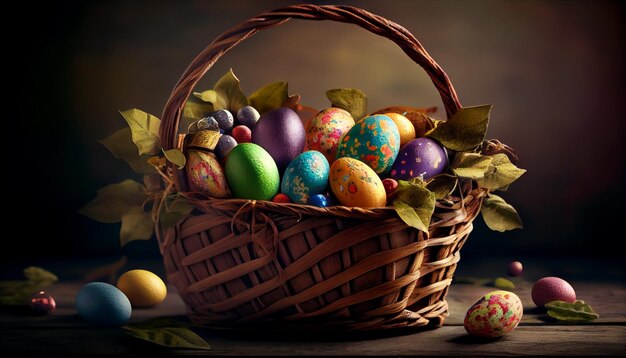 Colorful Easter eggs in a wicker basket on a dark backgroundgenerative ai