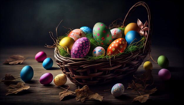 Colorful Easter eggs in a wicker basket on a dark backgroundgenerative ai