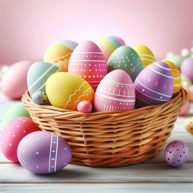 colorful Easter eggs in a wicker basket