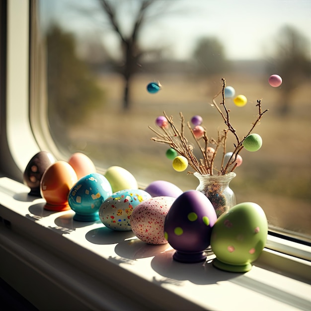 Colorful Easter Eggs on a Windowsill Generative AI