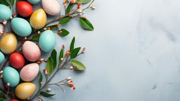 Photo colorful easter eggs with branches and leaves on light background space for text ai generative