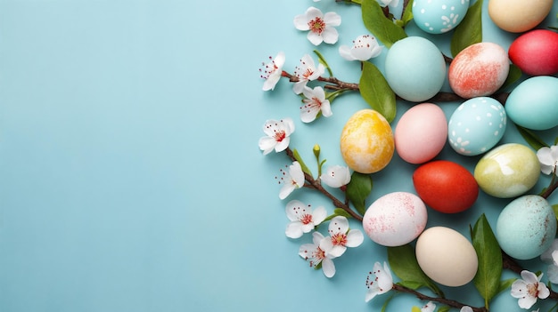 Colorful Easter eggs with branches and leaves on light background Space for text AI generative