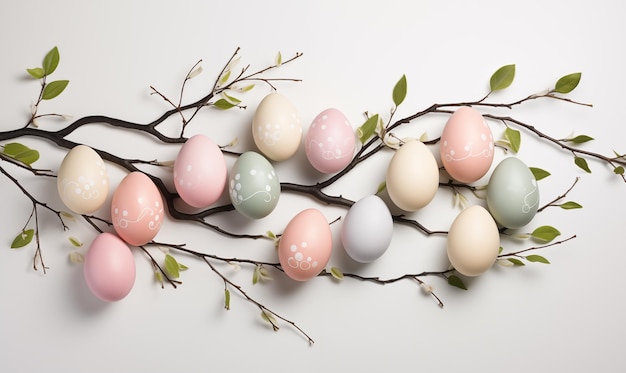 Colorful easter eggs with branches on a white background Created by artificial intelligence