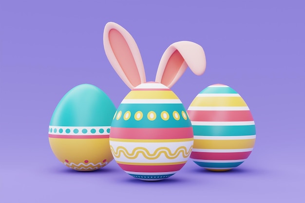 Colorful easter eggs with bunny ears on purple backgoundhappy easter holiday conceptminimal style3d rendering