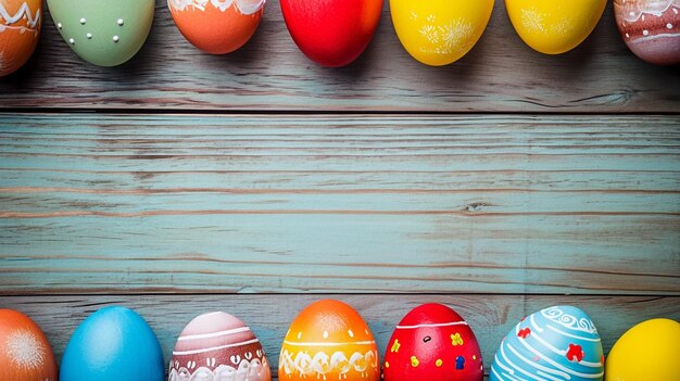 Colorful Easter eggs with butterflies wooden background