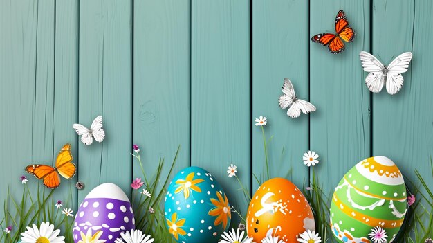 Photo colorful easter eggs with butterflies wooden background