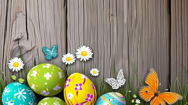 Colorful Easter eggs with butterflies wooden background