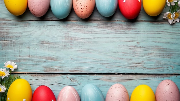 Colorful Easter eggs with butterflies wooden background