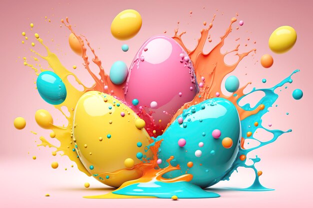 Colorful Easter eggs with colorful liquid splashes Generative AI