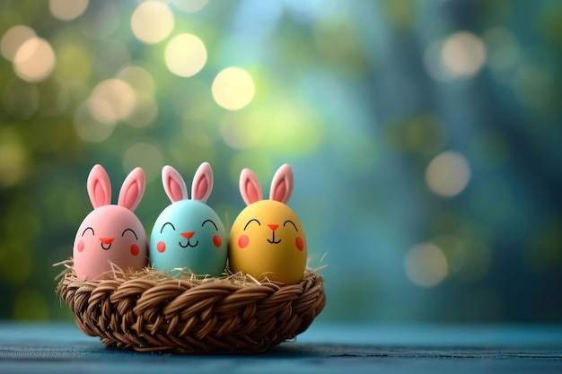 Photo colorful easter eggs with face and bunny ears in wicker basket on blurred background with copy space