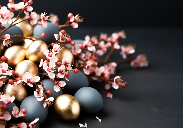 Colorful easter eggs with flowers background AI generated