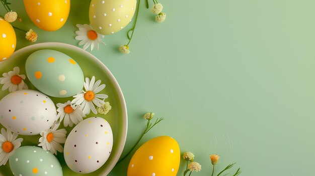 Colorful Easter eggs with flowers on a plate on a light green background Copy space for text