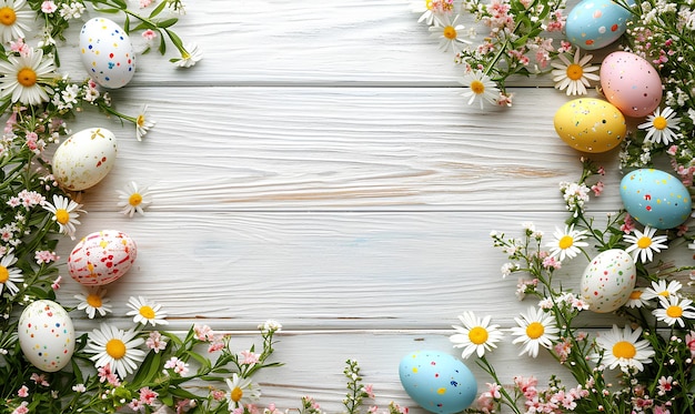 Foto uova di pasqua colorate con fiori su uno sfondo leggero in legno concepto di felice pasqua