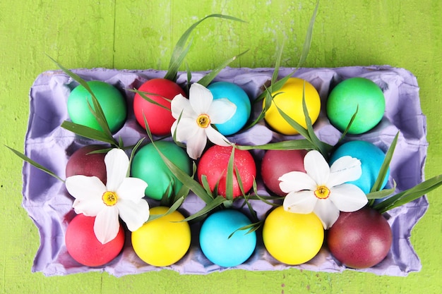 Colorful Easter eggs with grass and flowers in tray on wooden background