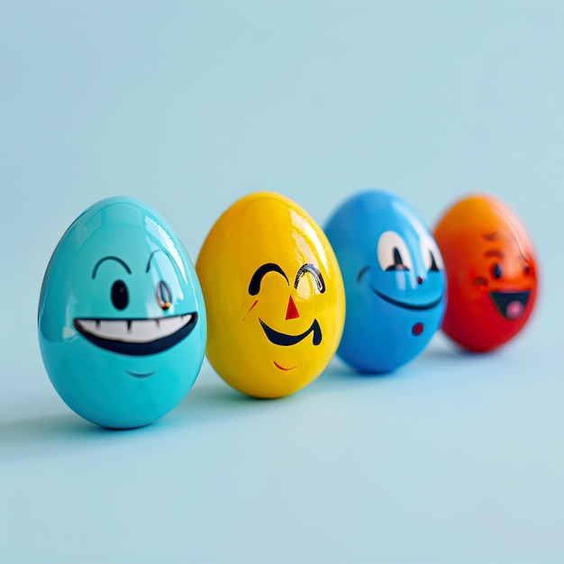 Colorful easter eggs with smiley faces on a blue background