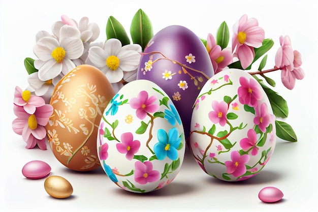Colorful Easter eggs with spring blossom flowers isolated over white background Generative ai
