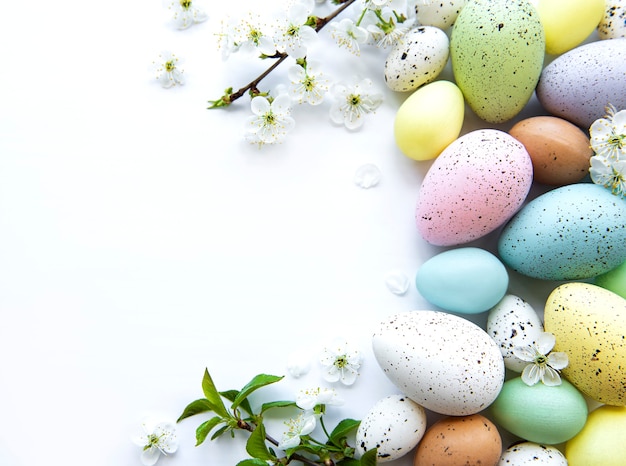 Uova di pasqua colorate con fiori di primavera sbocciano i fiori isolati su sfondo bianco.