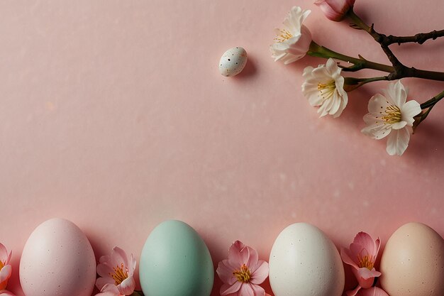 Colorful Easter eggs with spring blossom flowers over pink background Colored Egg Holiday border