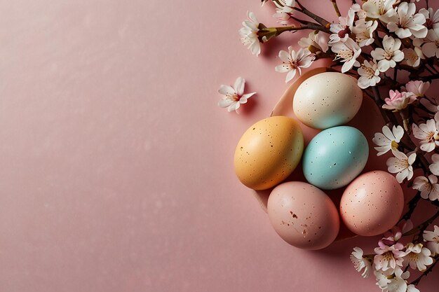 Colorful Easter eggs with spring blossom flowers over pink background Colored Egg Holiday border