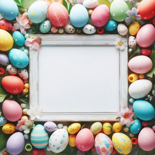 Colorful Easter Eggs with white frame copy space ai generative