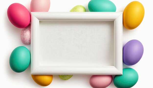 Colorful Easter Eggs with white frame copy space Generative Ai