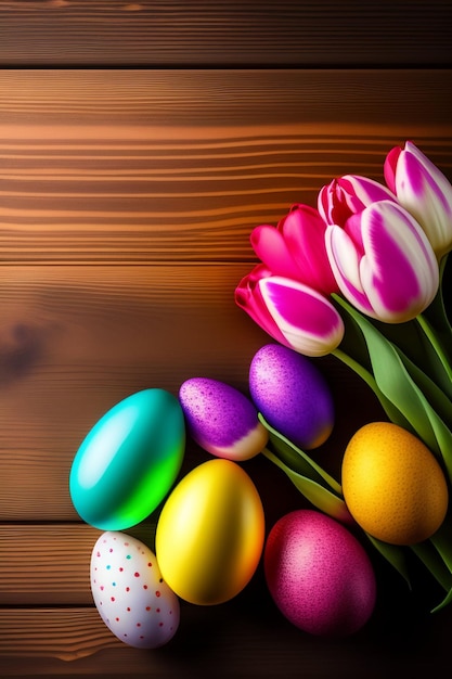 Colorful easter eggs on a wooden background