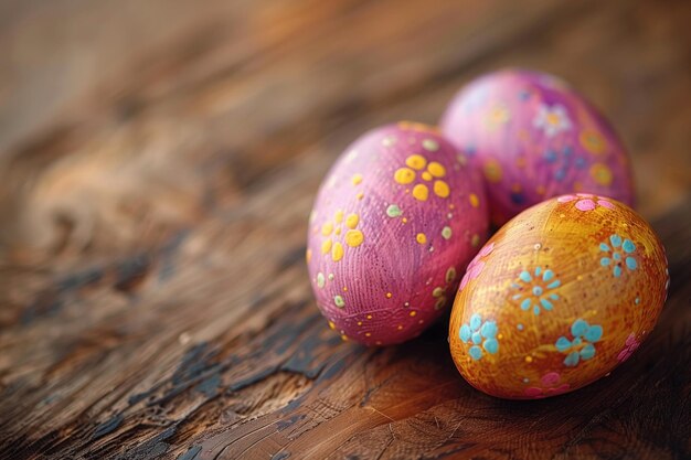 Colorful easter eggs on wooden desk seasonal background for holiday card design vintage style