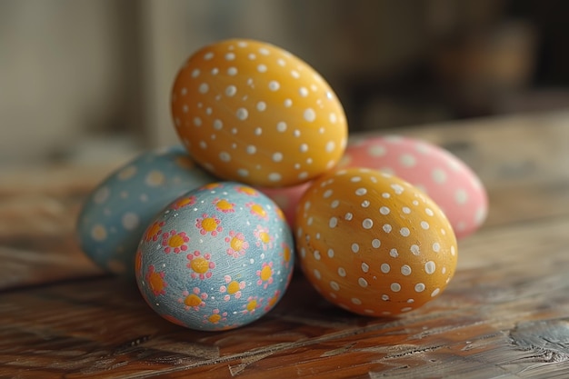 Colorful easter eggs on wooden desk seasonal background for holiday card design vintage style