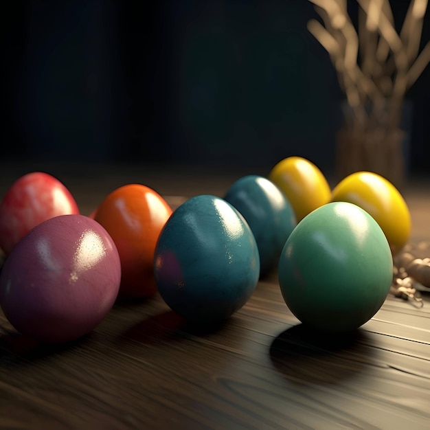 Colorful easter eggs on a wooden table Selective focus