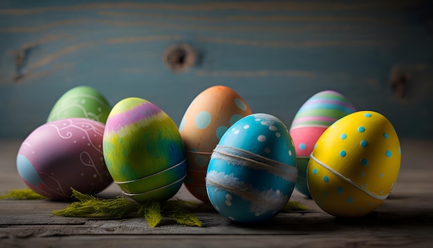 Colorful easter eggs on a wooden table with green leaves on the table