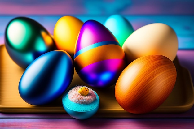 Colorful easter eggs on a wooden table