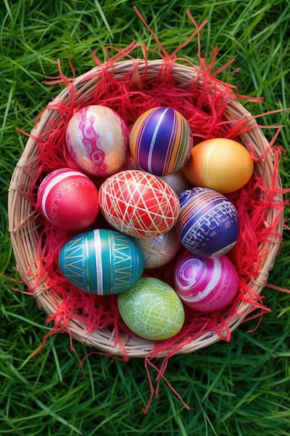 Colorful easter eggs in a woven basket on grass created with generative ai