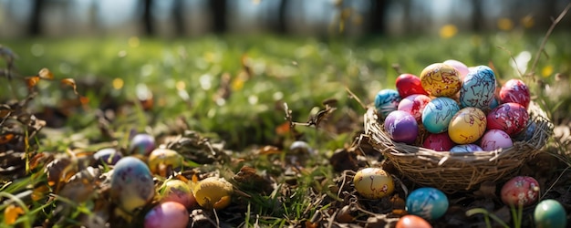 Colorful Easter Eggs in a Woven Basket