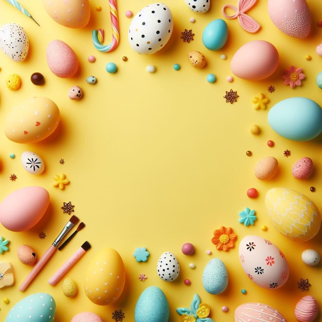 Colorful easter eggs on yellow background Space for text