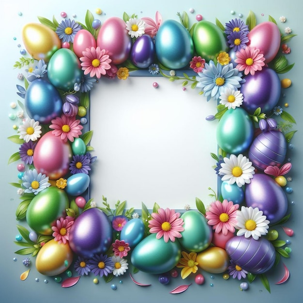Colorful Easter frame with Easter eggs and flowers