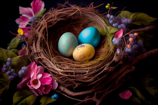 Colorful easter nest with easter eggs Generative AI