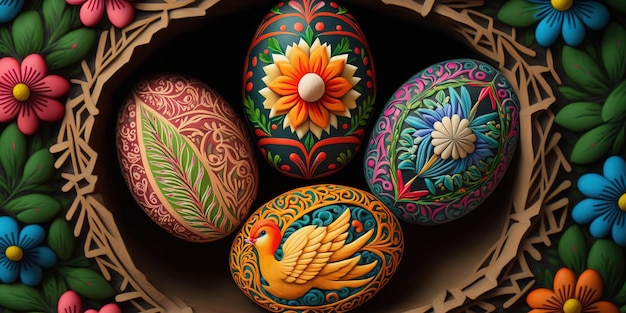 생생한 배경에 둥지 안에 다채로운 부활절 pysanky 계란