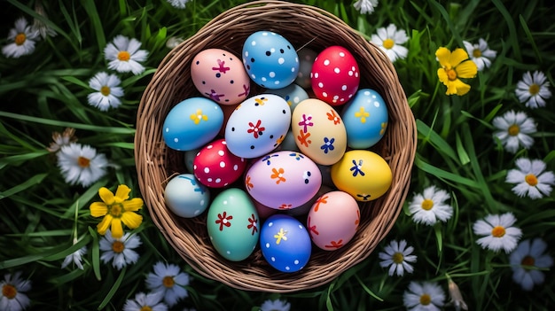Colorful easter quail eggs in nest and tulips on beige stone background with Flat lay Spring composi