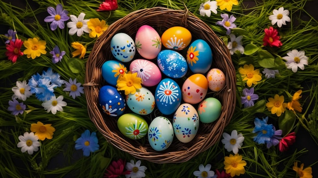 Colorful easter quail eggs in nest and tulips on beige stone background with Flat lay Spring composi