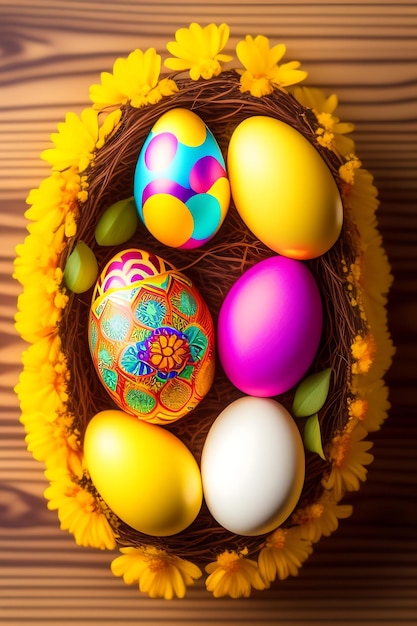 Colorful easter quail eggs in nest wooden bunny and spring chrysanthemum flowers on yellow backgrou