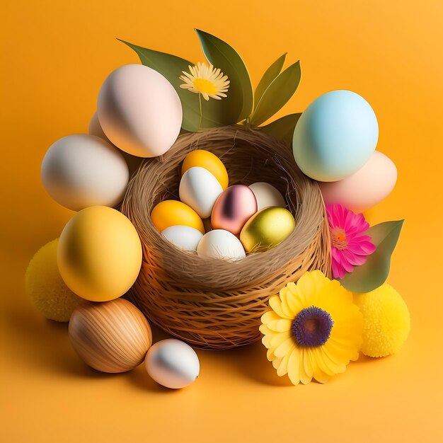 Colorful easter quail eggs in nest wooden bunny and spring chrysanthemum flowers on yellow backgrou