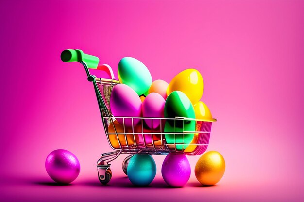 Colorful easter quail eggs in shopping cart on pink background copy space minimal easter concept