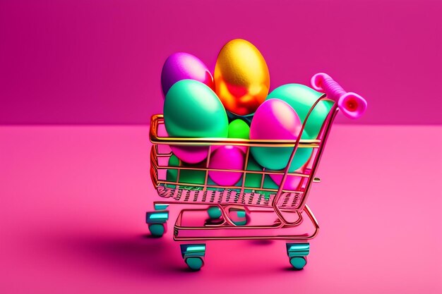 Colorful easter quail eggs in shopping cart on pink background copy space minimal easter concept