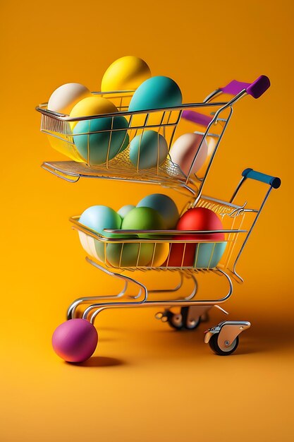 Colorful easter quail eggs in shopping cart on yellow background copy space