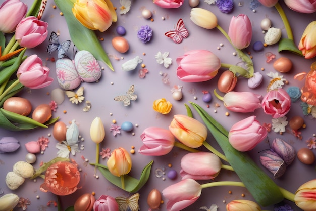 Colorful EasterThemed Background with Tulips Butterflies and Painted Eggs