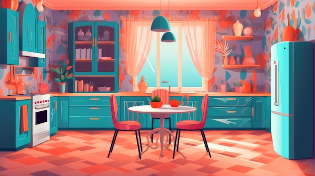 colorful and eclectic kitchen with mismatched cabinets cartoon illustration generative ai