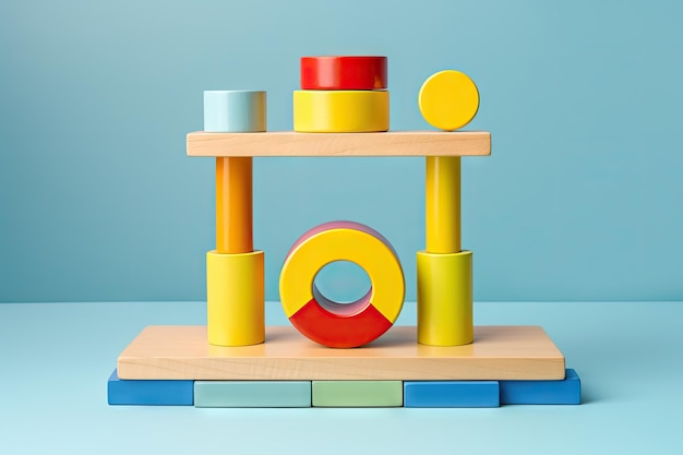 Красочные развивающие игрушки и геометрические фигуры на синем и желтом фоне подиума