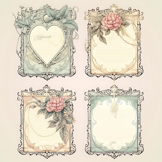 Colorful Edwardian Era Love Letter Linen Paper Ornamental Frame Flowi Art Decor illustration flat2D