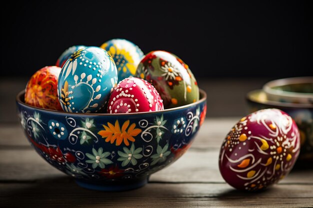 Фото Коллекция красочных яиц в генеративном искусственном интеллекте painted bowl