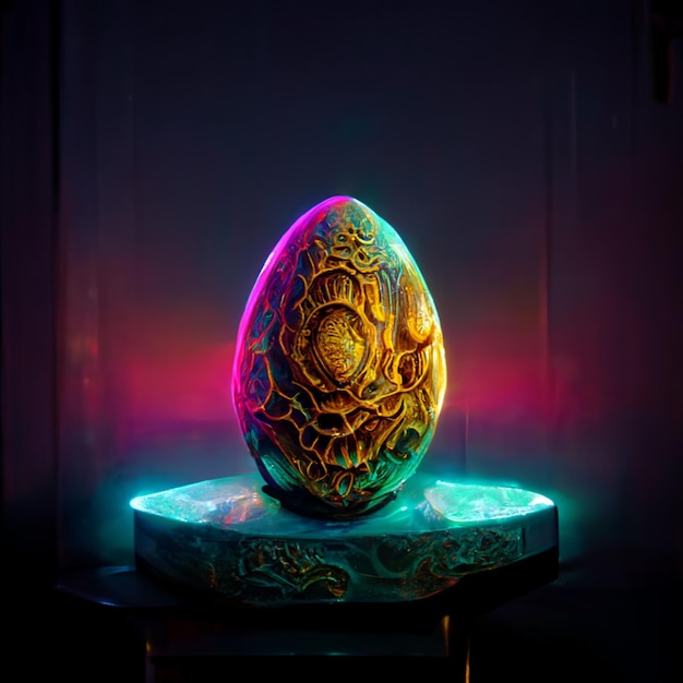 A colorful egg with a black background and a purple light in the background.
